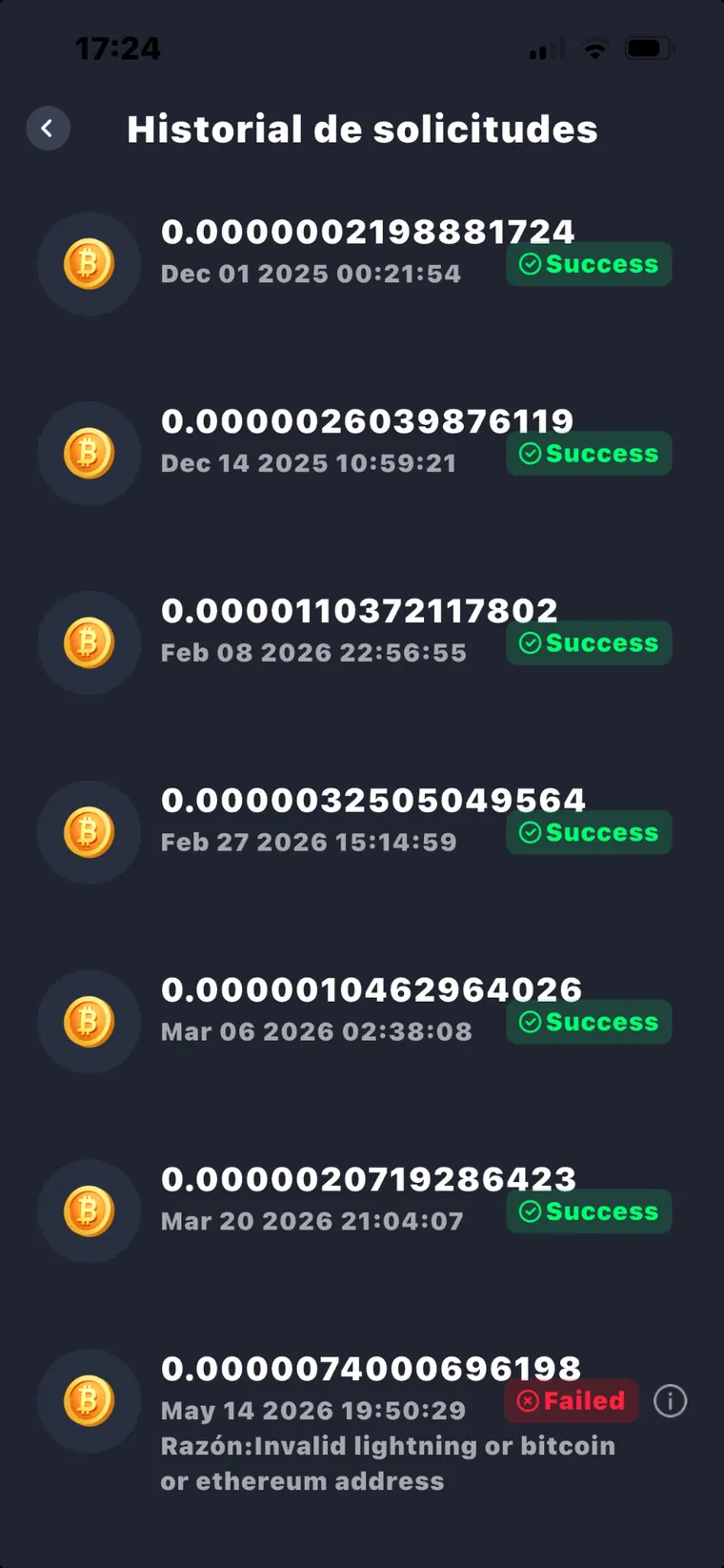 TapMining withdrawal history showing several successful small withdrawals and one failed request due to an invalid address.