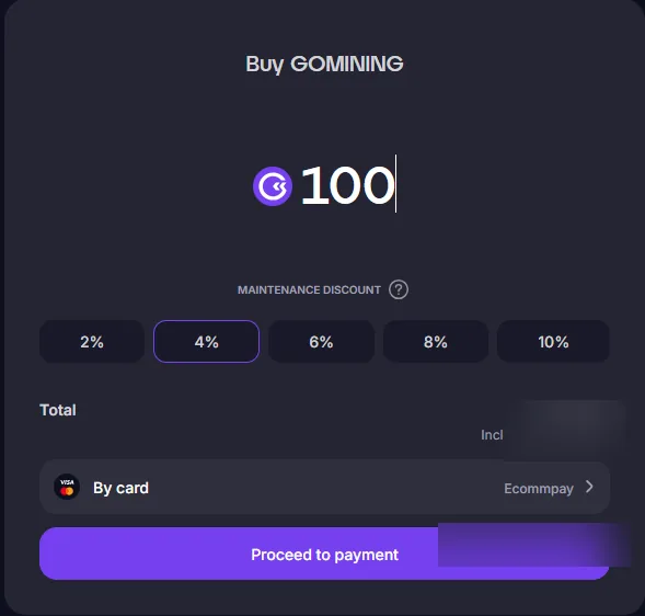 Buy GOMINING token screen with maintenance discount levels