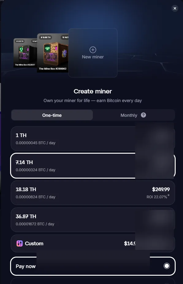 GoMining create miner one-time purchase screen