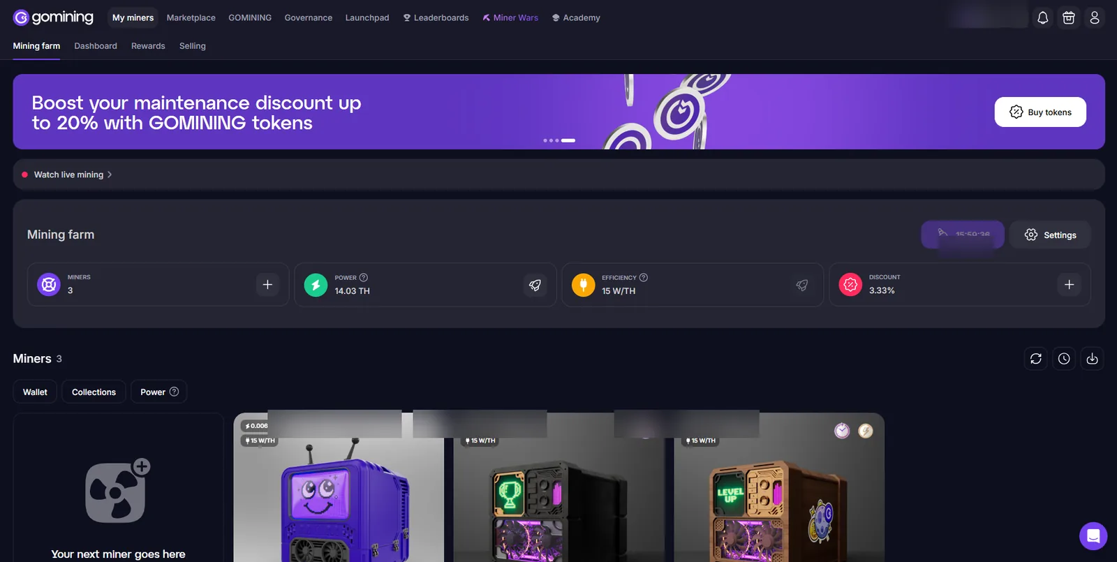 GoMining mining farm overview with multiple digital miners