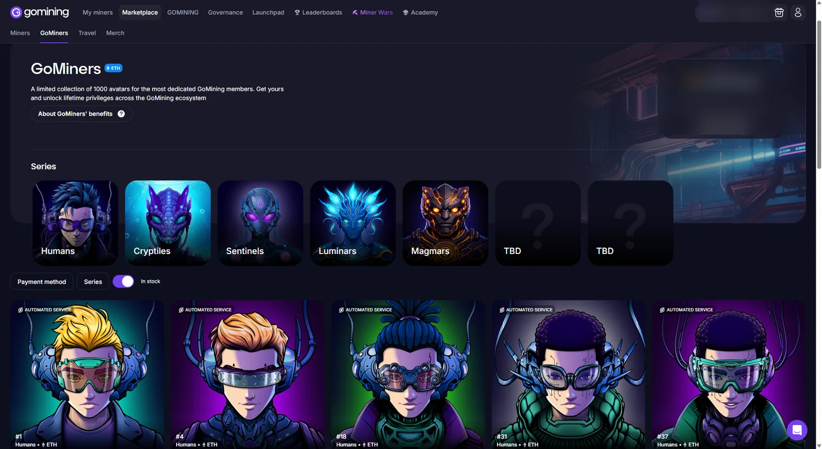 GoMining GoMiners avatar collection marketplace