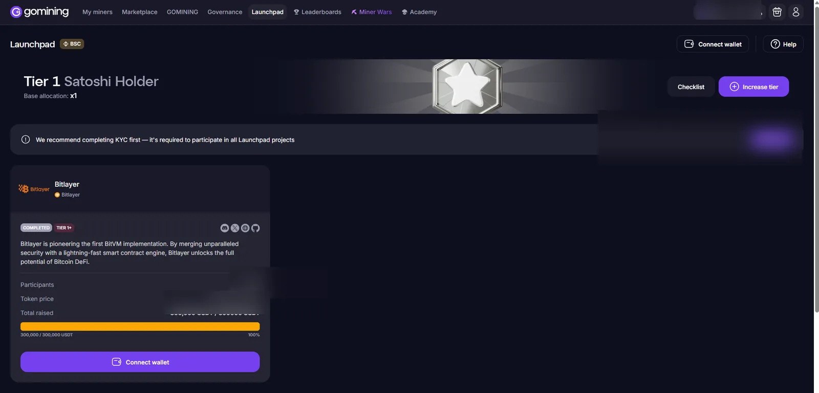 GoMining Launchpad project screen with tier and KYC requirements