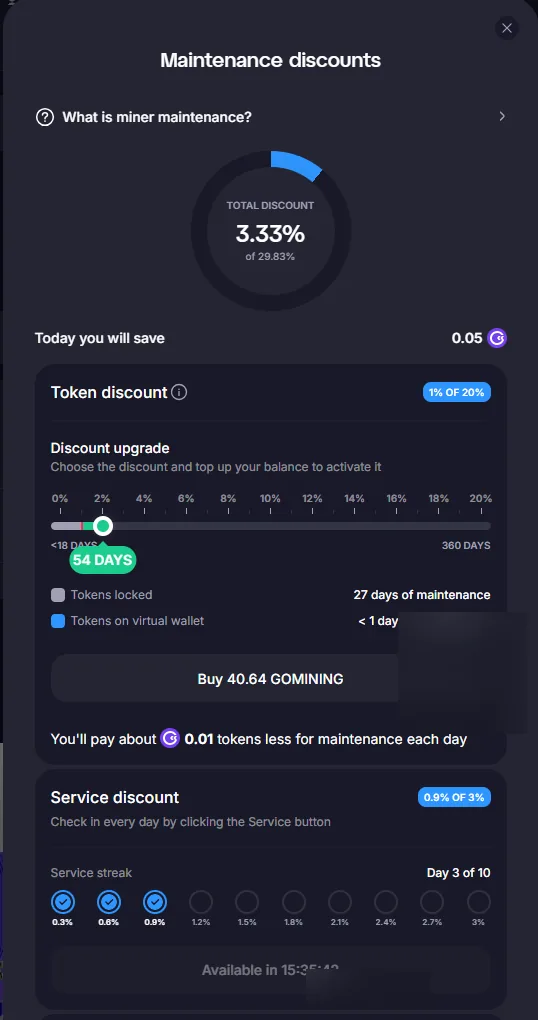 GoMining maintenance discount overview with token discount and service streak