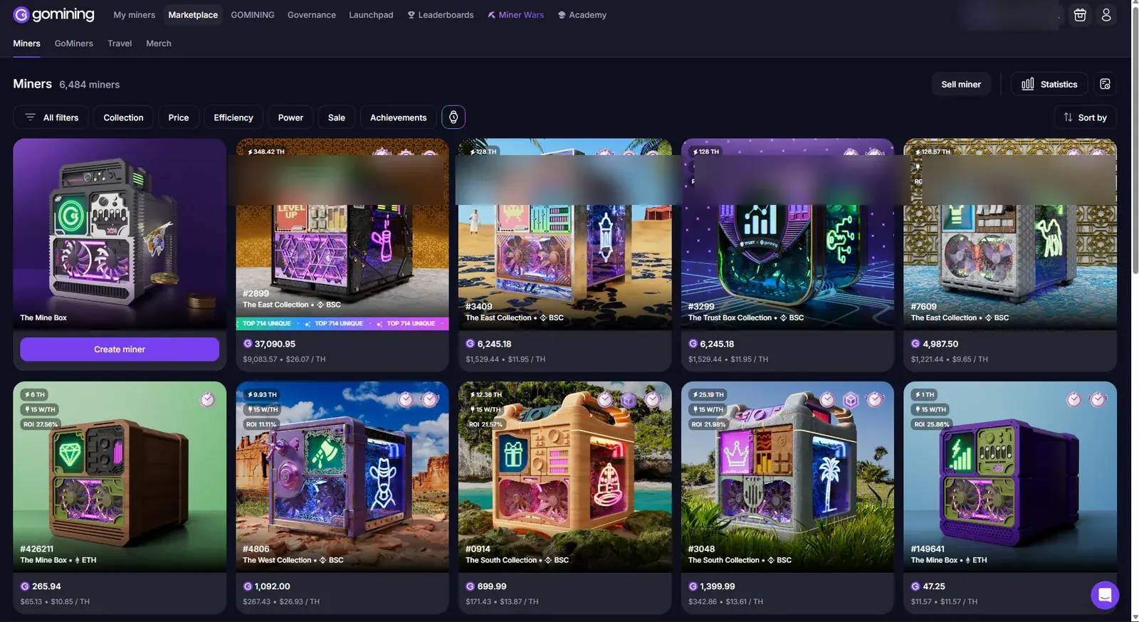 GoMining marketplace with digital miners, filters, prices, hashrate and efficiency
