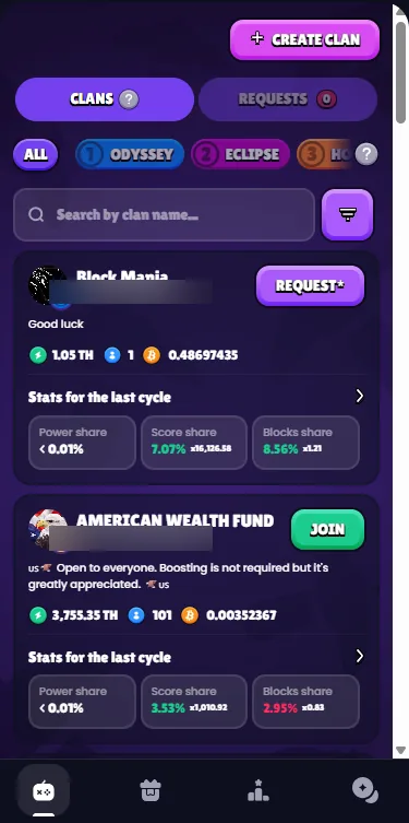 GoMining Miner Wars clan list with rankings and join options