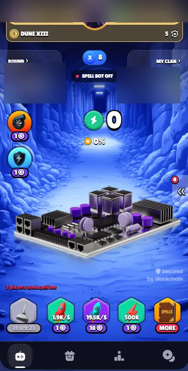 GoMining Miner Wars gameplay screen with energy, spells and round information