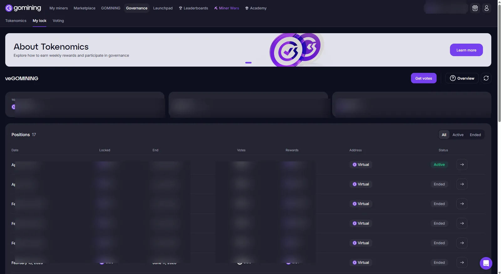 GoMining veGOMINING lock dashboard with votes and rewards