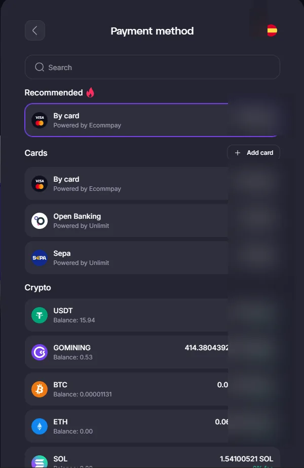 GoMining payment methods including cards, bank transfer and crypto