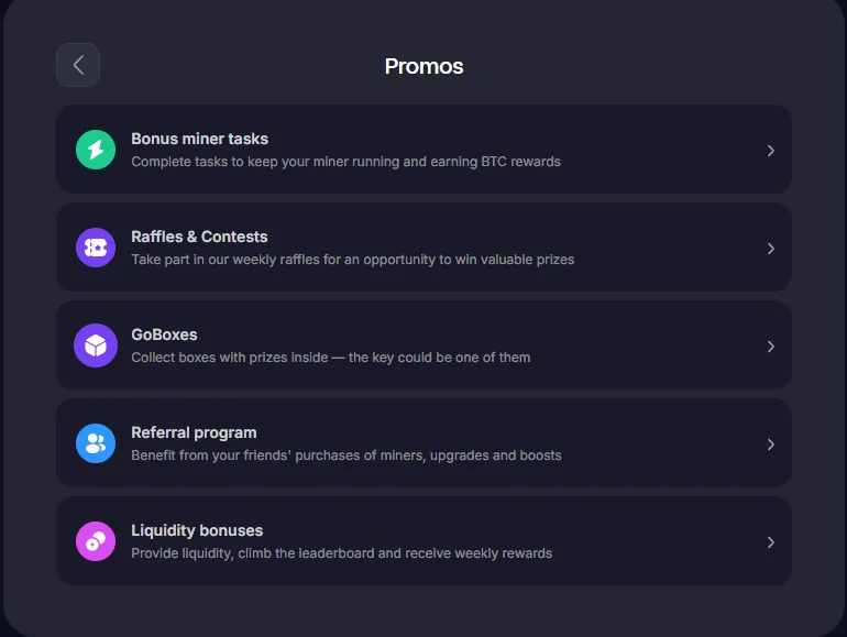 GoMining promotions menu with tasks, raffles, GoBoxes, referral and liquidity bonuses