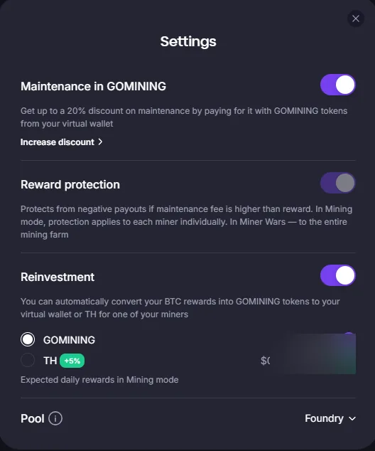 GoMining reward settings with maintenance in GOMINING, reward protection and reinvestment