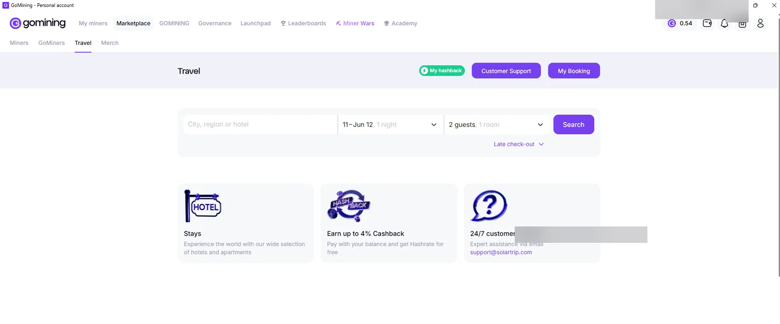 GoMining Travel booking interface with hashback and hotel search
